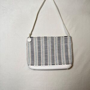 Monsac Original Woven Shoulder Bag White Blue Taupe Leather Trim Zip Top Medium